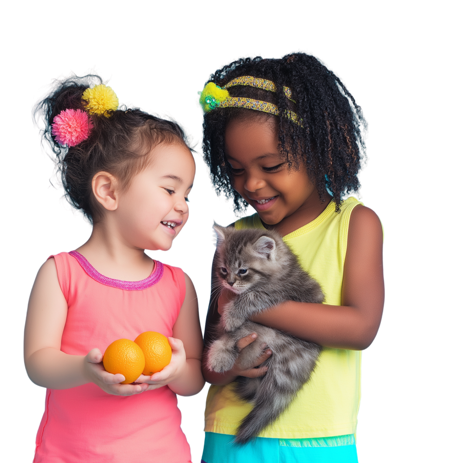 Kids smiling and holding a kitten